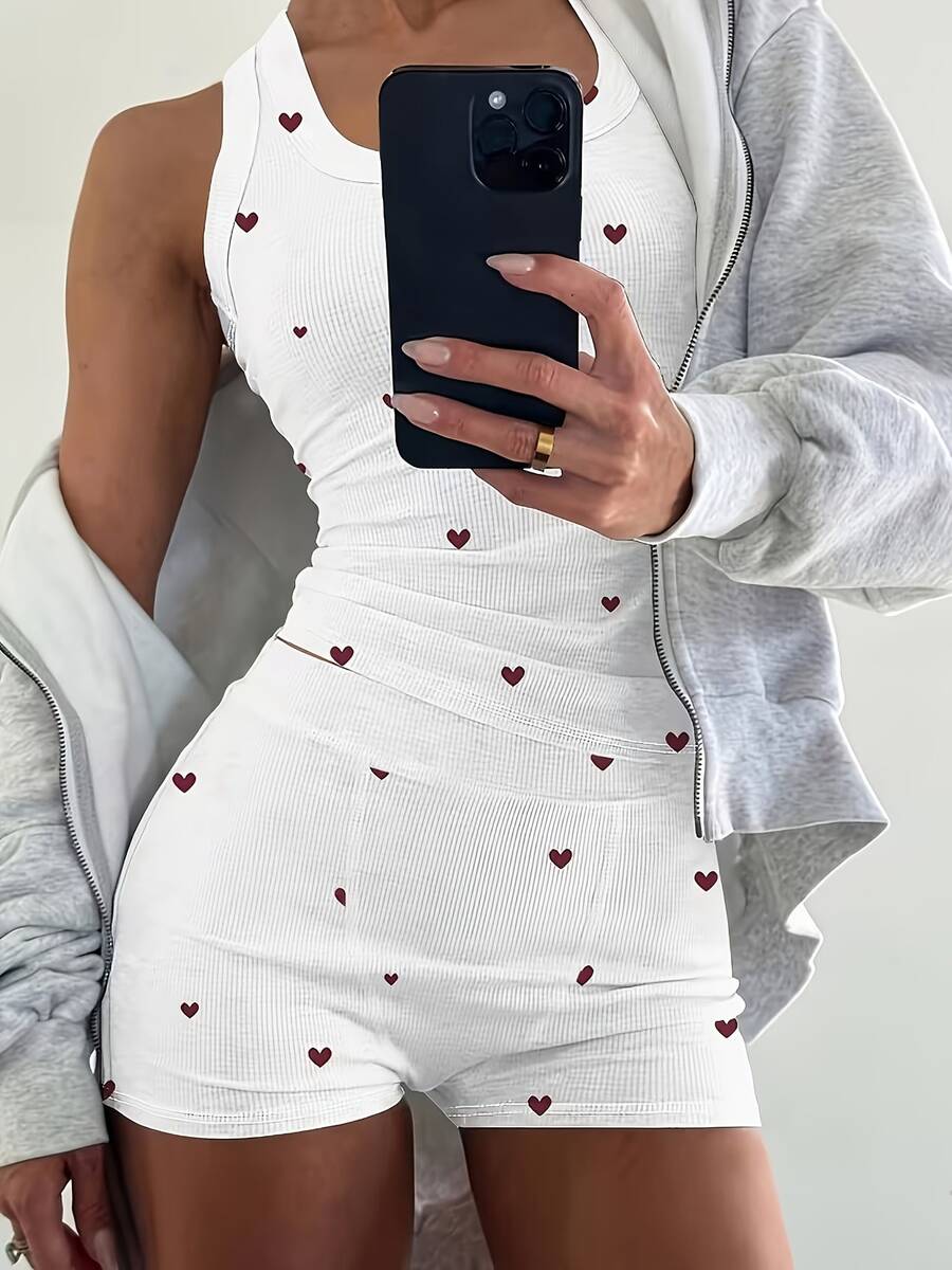 White Ribbed Heart Print Sleev - Tank Top Ribbed recension och pris